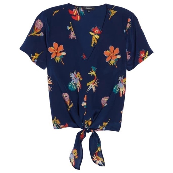 Madewell 100% Silk Novel Tie-Front Top in Bird of Paradise V- neck , size S - Picture 1 of 14